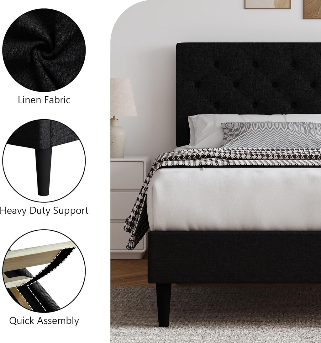 HOMBCK Queen Bed Frame, Linen Fabric Upholstered Platform Bed Frame, Button Tufted Bed Frame Queen Size, Wooden Slat Support, No Box Spring Needed, Easy Assembly, Black