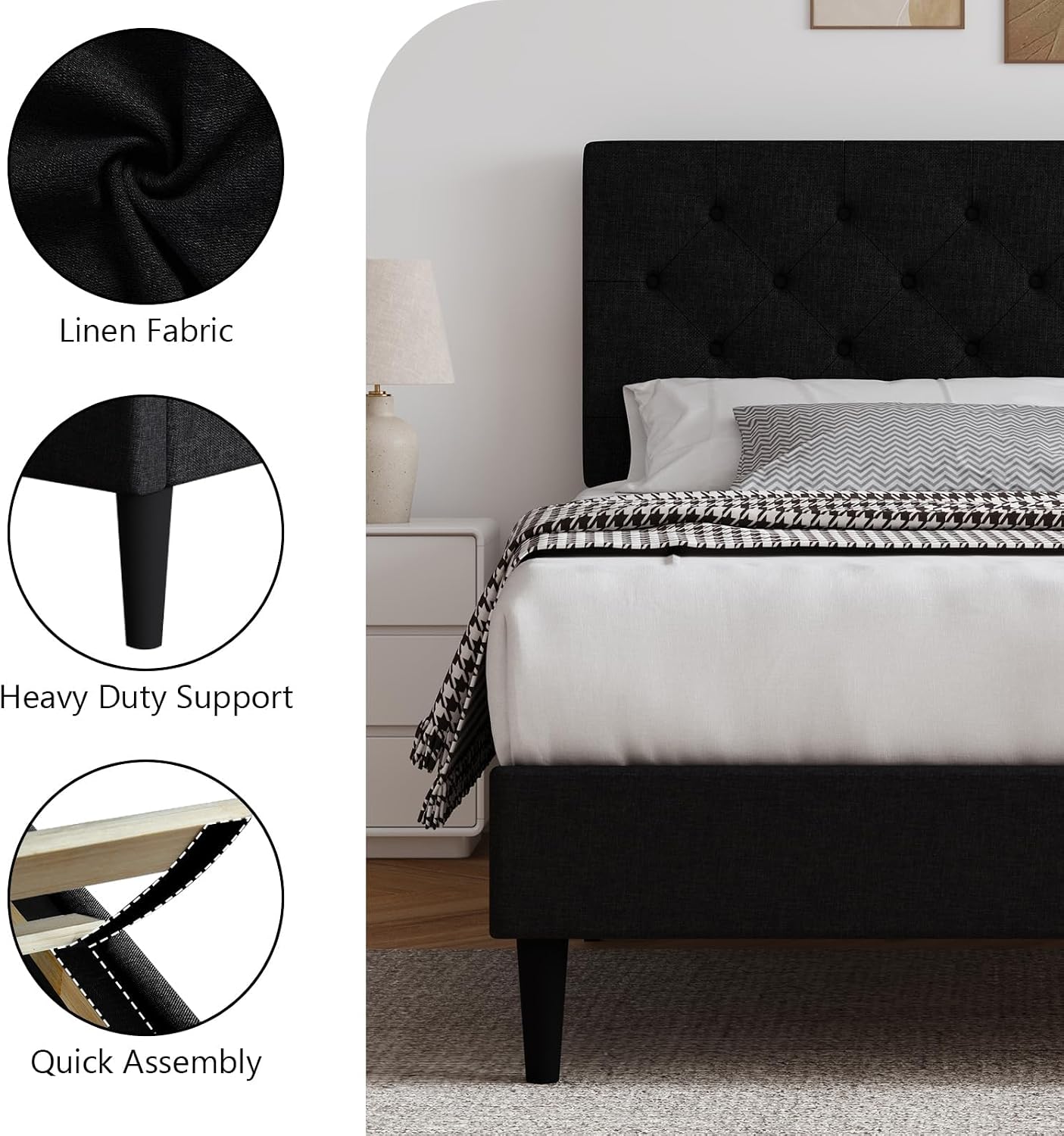 HOMBCK Queen Bed Frame, Linen Fabric Upholstered Platform Bed Frame, Button Tufted Bed Frame Queen Size, Wooden Slat Support, No Box Spring Needed, Easy Assembly, Black