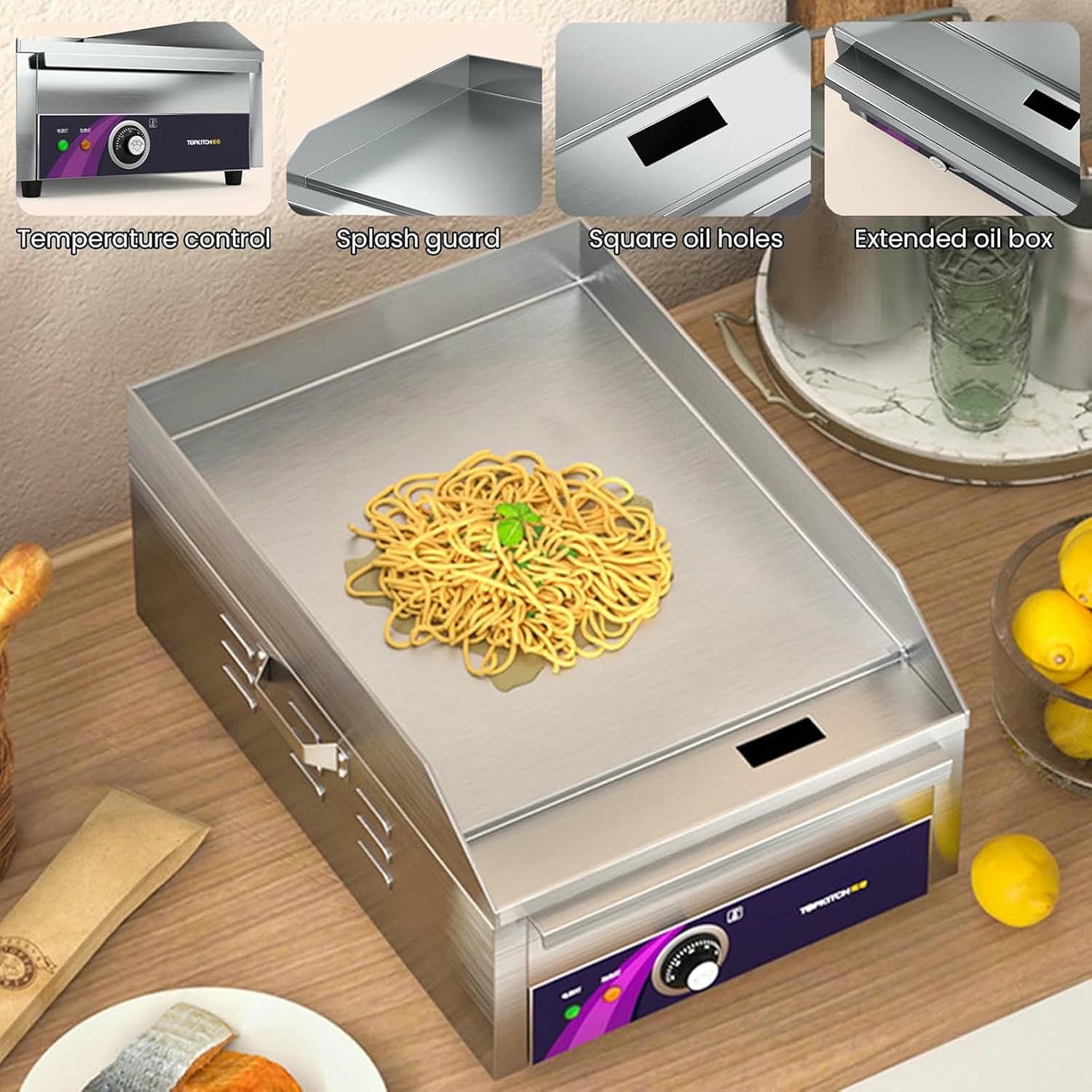 Commercial Electric Griddle 13.7' with Handle, Countertop Flat Top Griddle 2500W Non-Stick Restaurant Teppanyaki