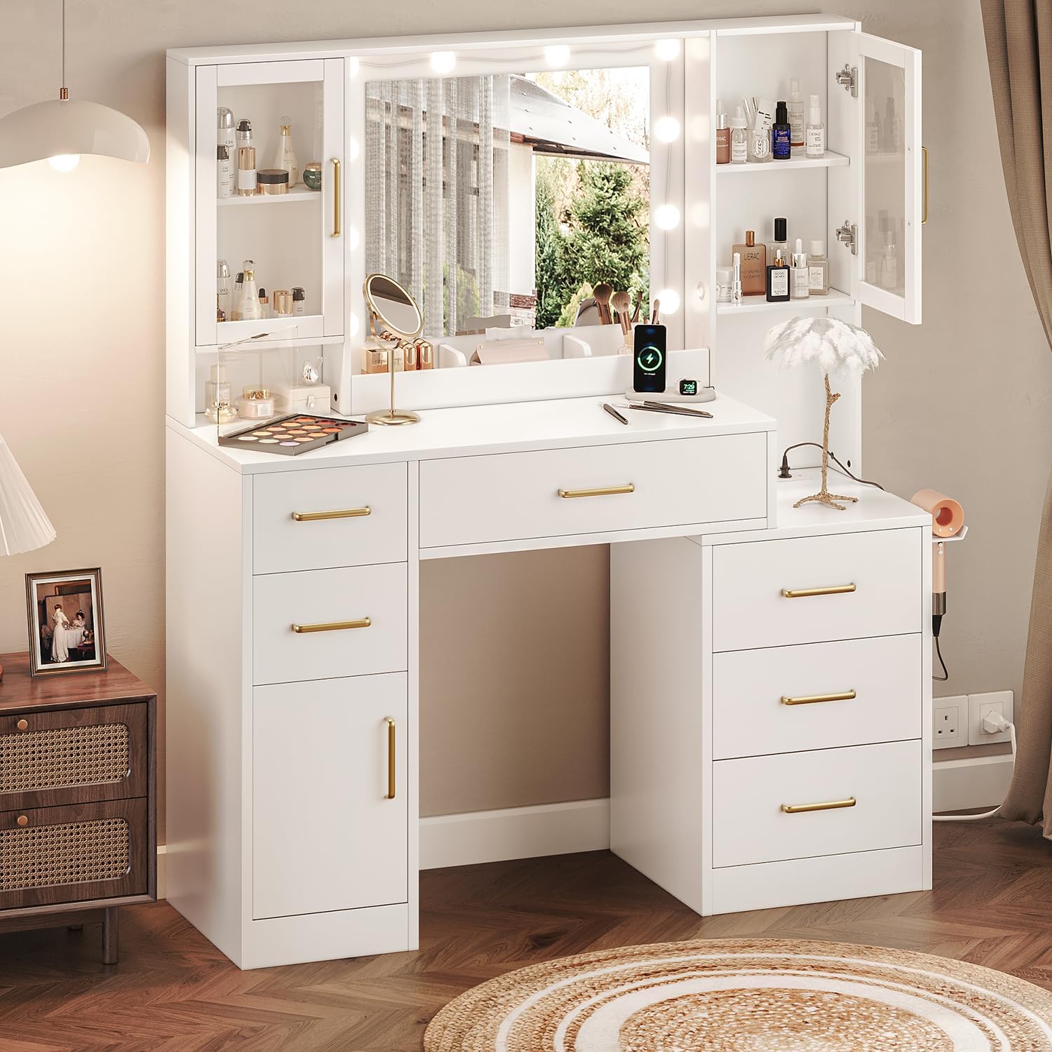 TOKSOM 51' Vanity Desk with Mirror and Lights & Charging Station, Bedroom Dressing Table, Large Vanity Set, 6 Drawers and 2 Cabinets, Makeup Vanity Table with Charging Station, Without Stool