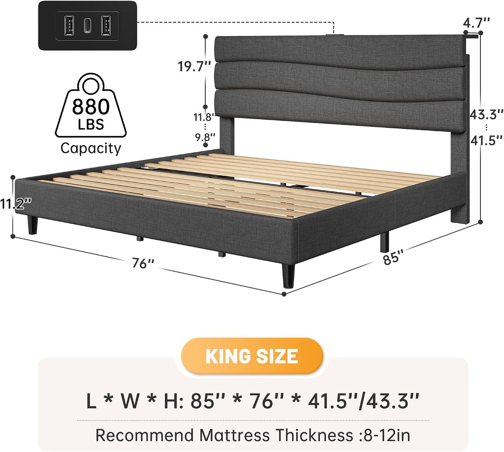 EnHomee King Bed Frame with Adjustable Height Upholstered Headboard, 3 USB Charging Ports, Noise-Free Platform Bed, No Box Spring Needed, Grey