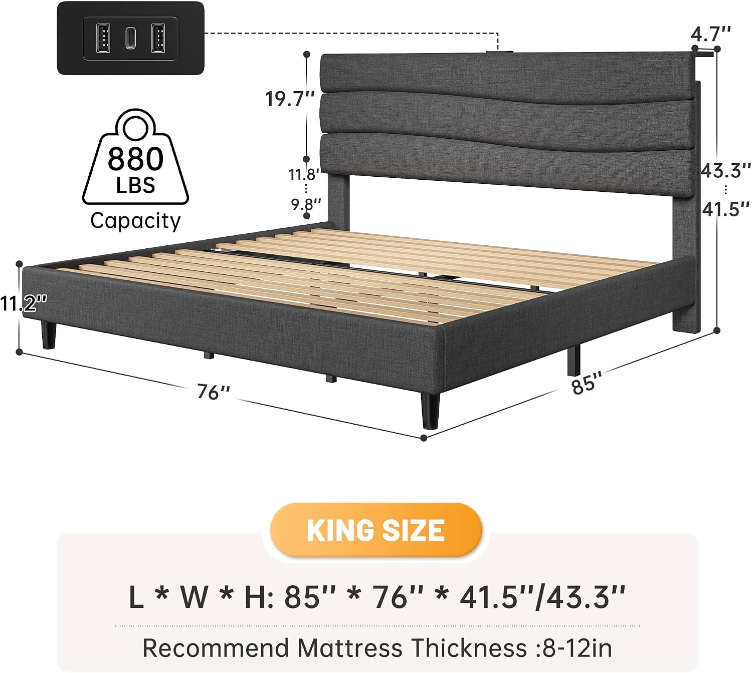 EnHomee King Bed Frame with Adjustable Height Upholstered Headboard, 3 USB Charging Ports, Noise-Free Platform Bed, No Box Spring Needed, Grey
