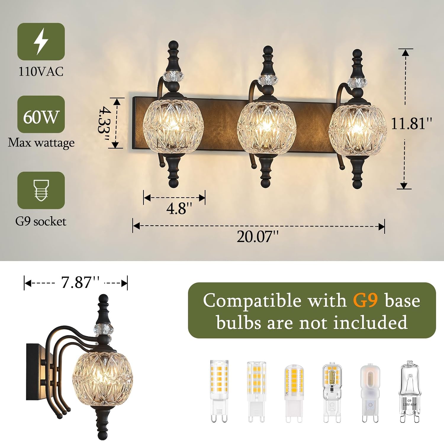 Modern Crystal Bathroom Vanity Lights Fixtures Over Mirror Black Vintage 3-Lights 20 Inch Bathroom Light Fixtures Glass Crystal Vanity Lights