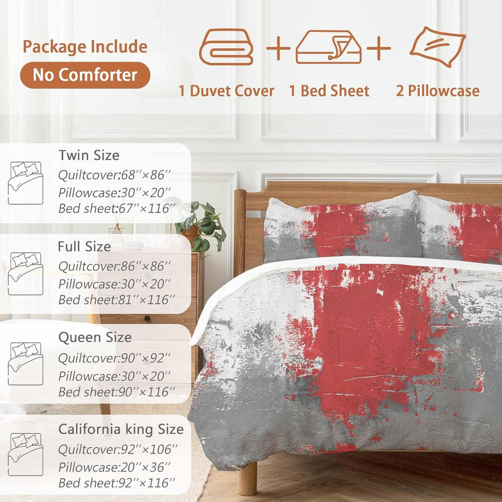 Abstract Art Duvet Cover Set Queen Size 4 Pieces Red Grey Wall Mottled Texture Minimalist Modern Bedding Set with Zipper Closure, 1 Comforter Cover 92x106 Inches 1 Flat Sheet & 2 Pillow Cases