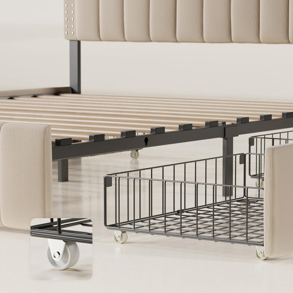 Gizoon Upholstered Full Bed Frame with 4 Storage Drawers, Headboard Adjustable, Noise Free, Wooden Slats Support, Fits 6' to 12' Mattress, No Box Spring Needed