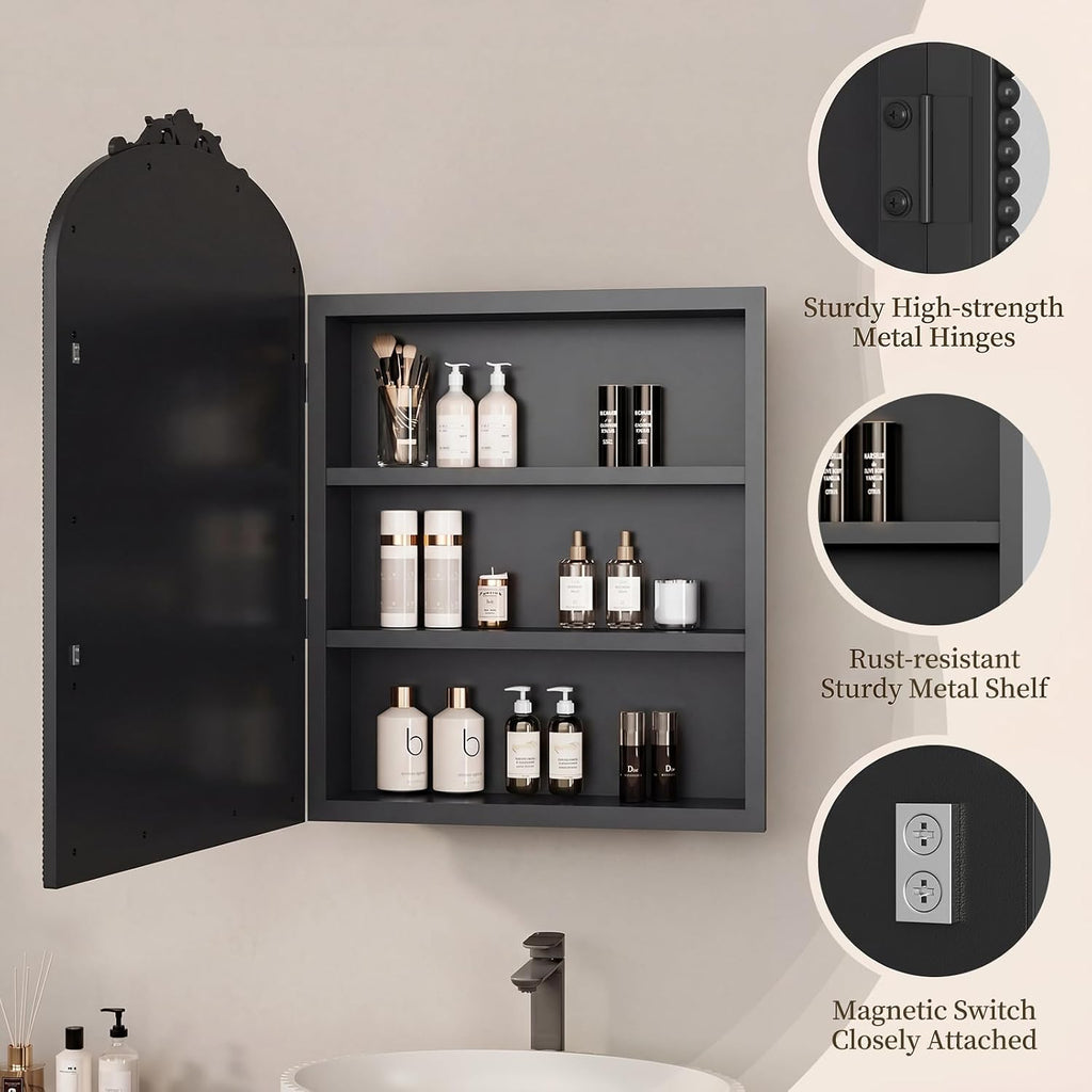 Bathroom Medicine Cabinet with Mirror, Sturdy, Durable & Easy Installation, Vintage Metal Frame (Black Beads, 16'x24')