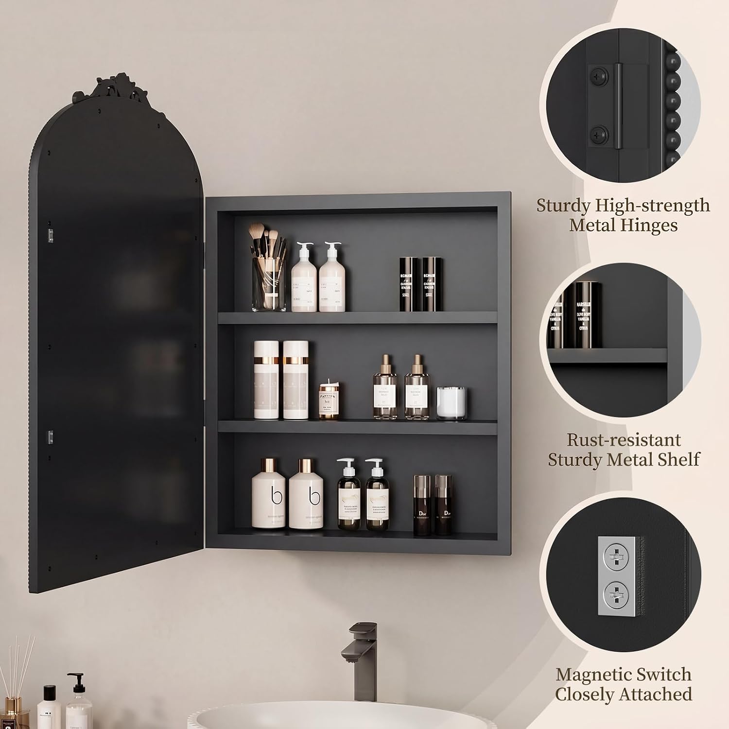Bathroom Medicine Cabinet with Mirror, Sturdy, Durable & Easy Installation, Vintage Metal Frame (Black Beads, 16'x24')