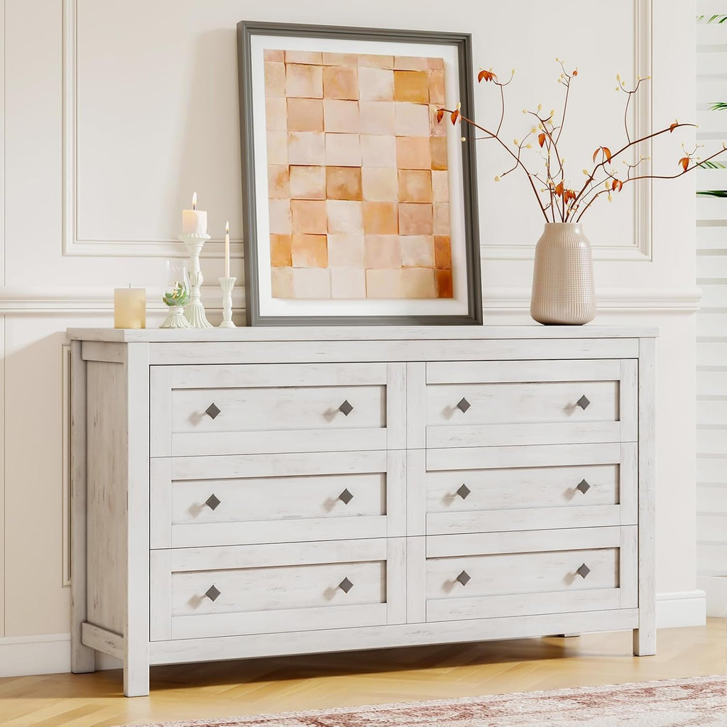 LUXOAK Bedroom Dresser and Nightstand 3 Piece Set, 1 X Wood Rustic 6 Drawer Storage Dresser, 2 X Farmhouse Nightstand with Charging Station, Farmhouse Bedroom Furniture Set, Rustic White
