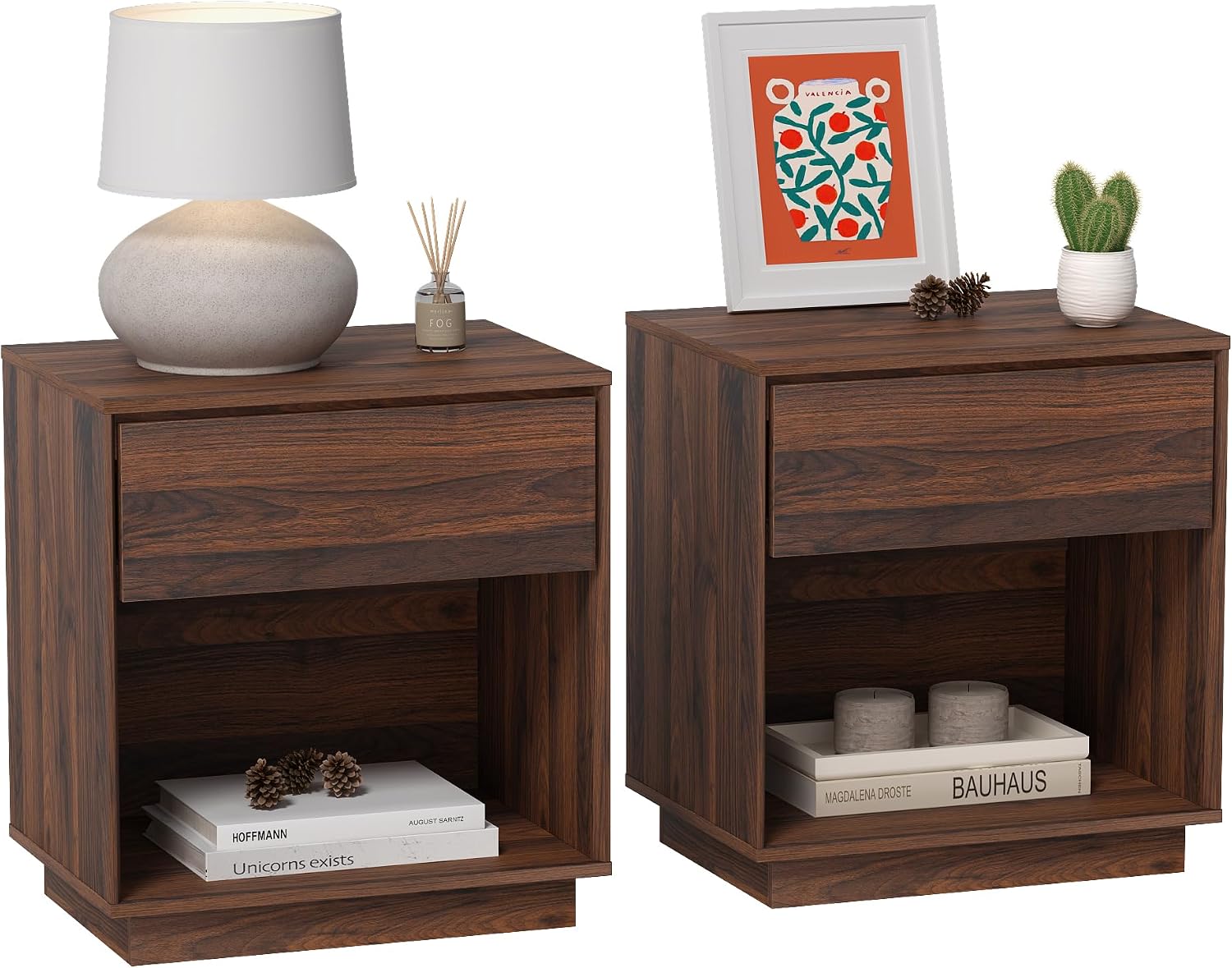 EYYTHUNG Farmhouse End Side Table Set of 2, 21.6' Wood Nightstand with Storage and Open Shelf, Farmhouse Boho Bedside Table Accent Night Stand for Bedroom, Brown