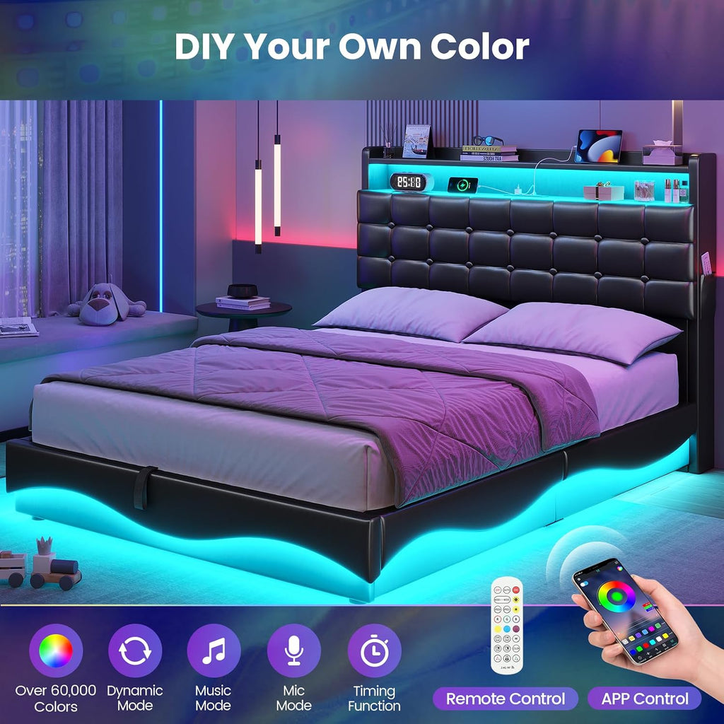 BTHFST Bed Frame Twin Size with Lift Up Storage, Power Outlet & RGB Lights, Upholastered Storage Headboard, Twin Bed with Heavy Duty Steel Slats, No Box Spring Needed, PU Black