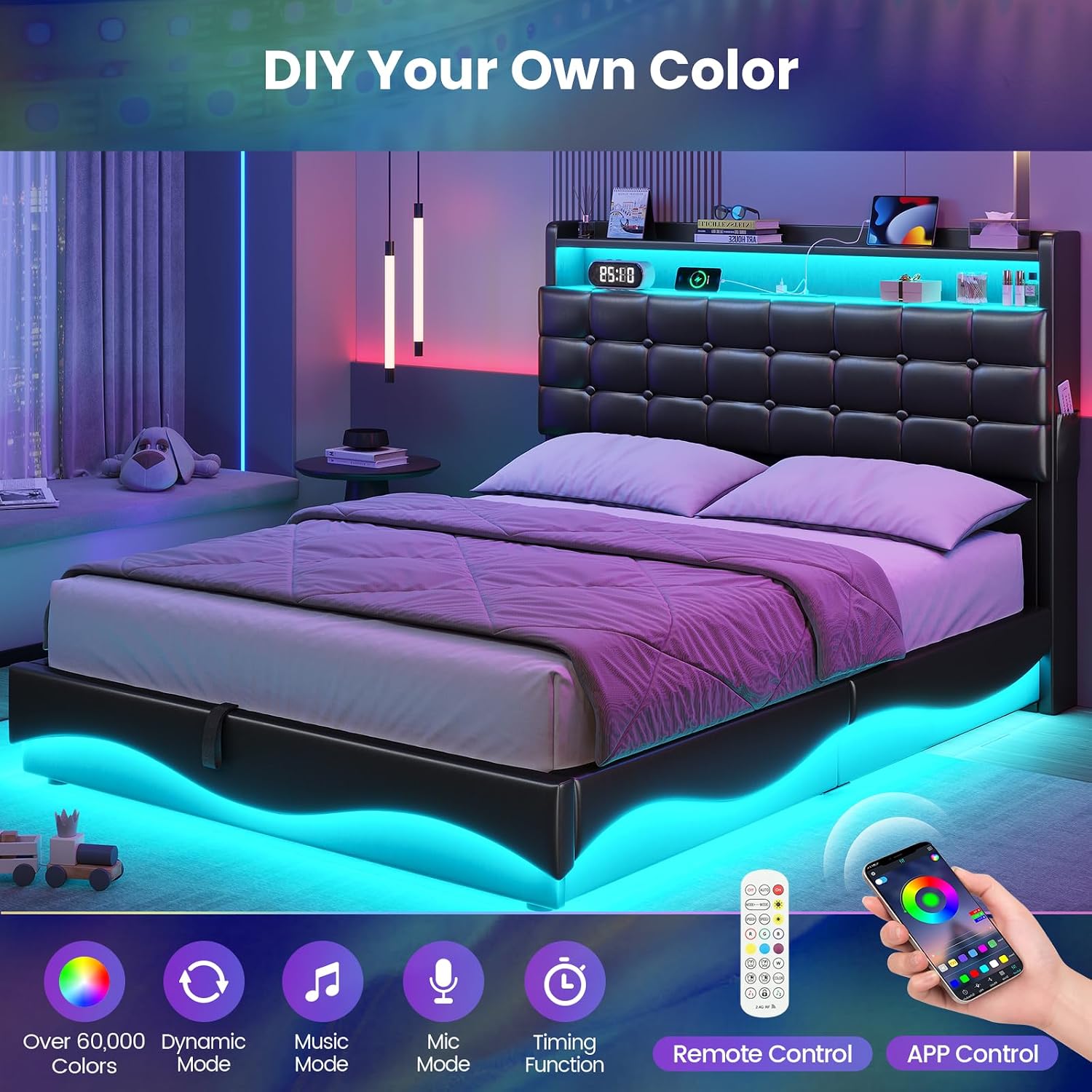 BTHFST Bed Frame Twin Size with Lift Up Storage, Power Outlet & RGB Lights, Upholastered Storage Headboard, Twin Bed with Heavy Duty Steel Slats, No Box Spring Needed, PU Black
