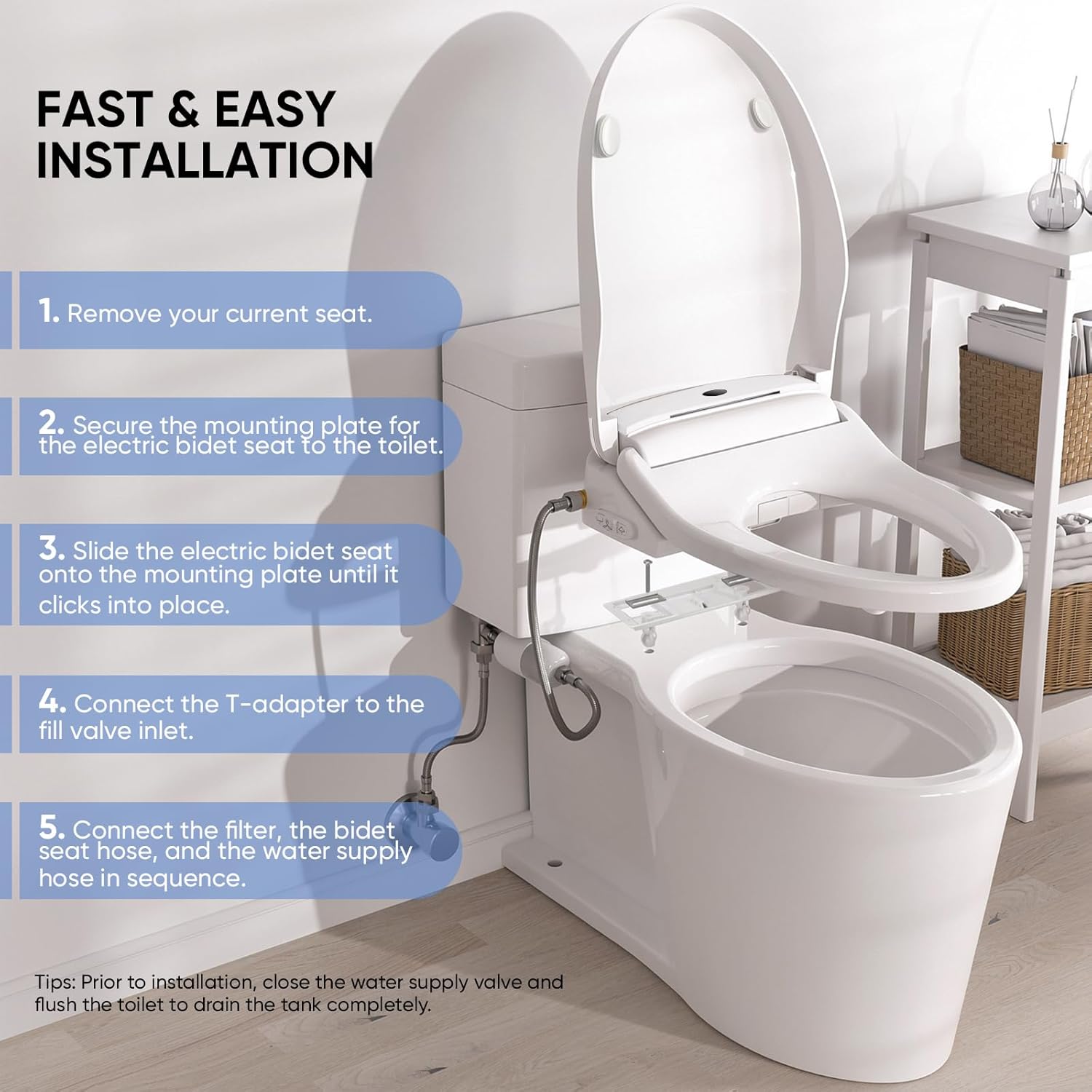 LEIVI Electric Bidet Toilet Seat with Wireless Remote and Side Panel, Multiple Spray Modes, Adjustable Heated Seat, Warm Water and Air Dryer, Auto LED Nightlight, Round