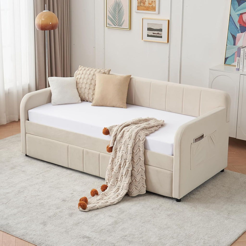 Deolme Twin to King Daybed with Trundle, USB Ports, Velvet Upholstered Daybed with Pop Up Trundle Bed, Modern Extendable Day Bed Frame for Kid Adult Bedroom Living Room Guest Room Small Places Beige