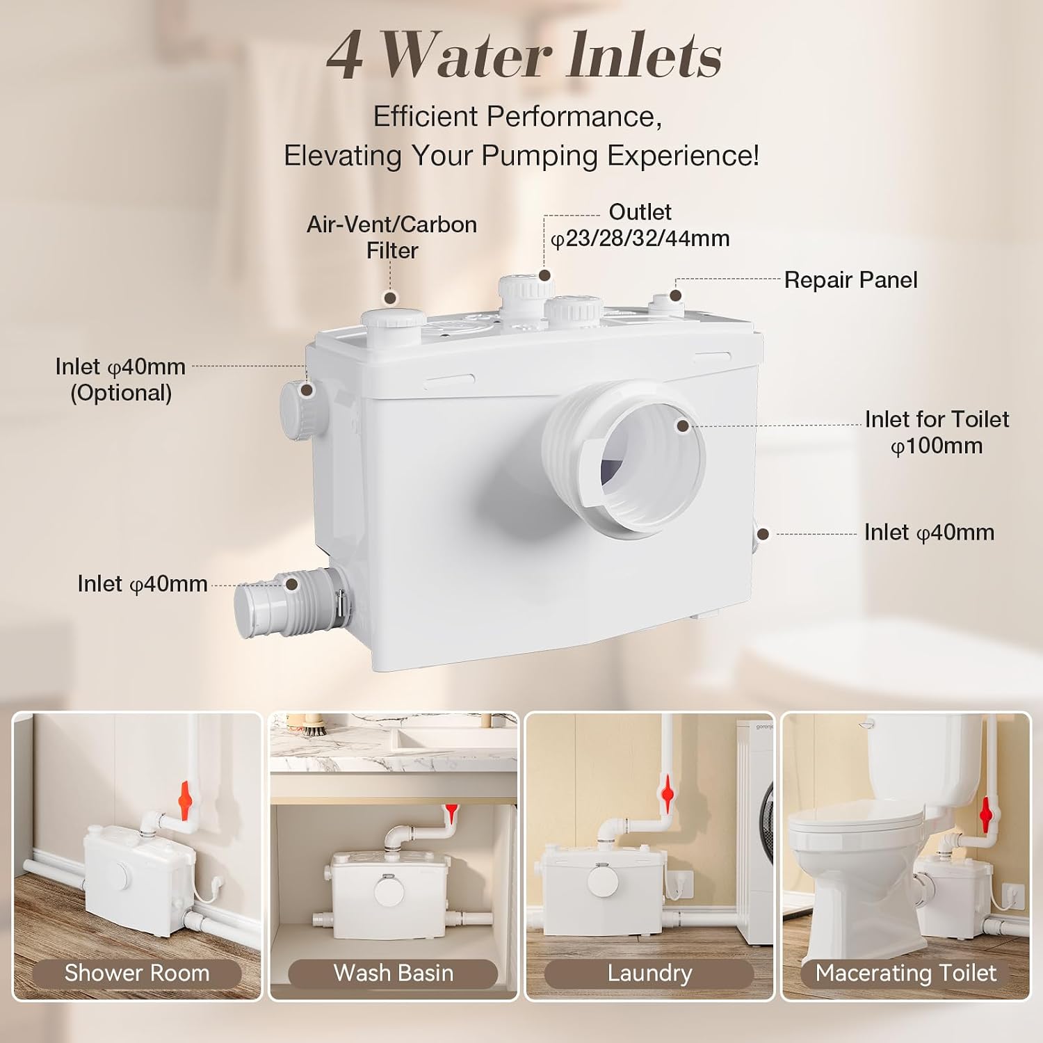 Macerating Toilet System, 800PRO HIGH POWER Macerator Pump with 4 Inlets & 2 Outlets for Kitchen Sink, Bathroom, Laundry, Easy Install Two Piece Upflush Toilet for Basement, Nano-glazed
