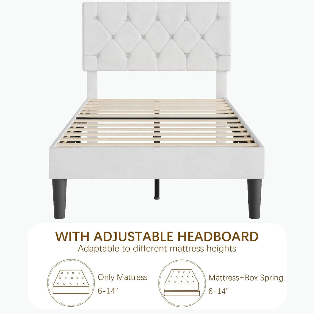 VECELO Twin Size Bed Frame with Diamond Tufted Headboard, Upholstered Platform Bedframe with Wood Slat Support, No Box Spring Needed, Velvet & White