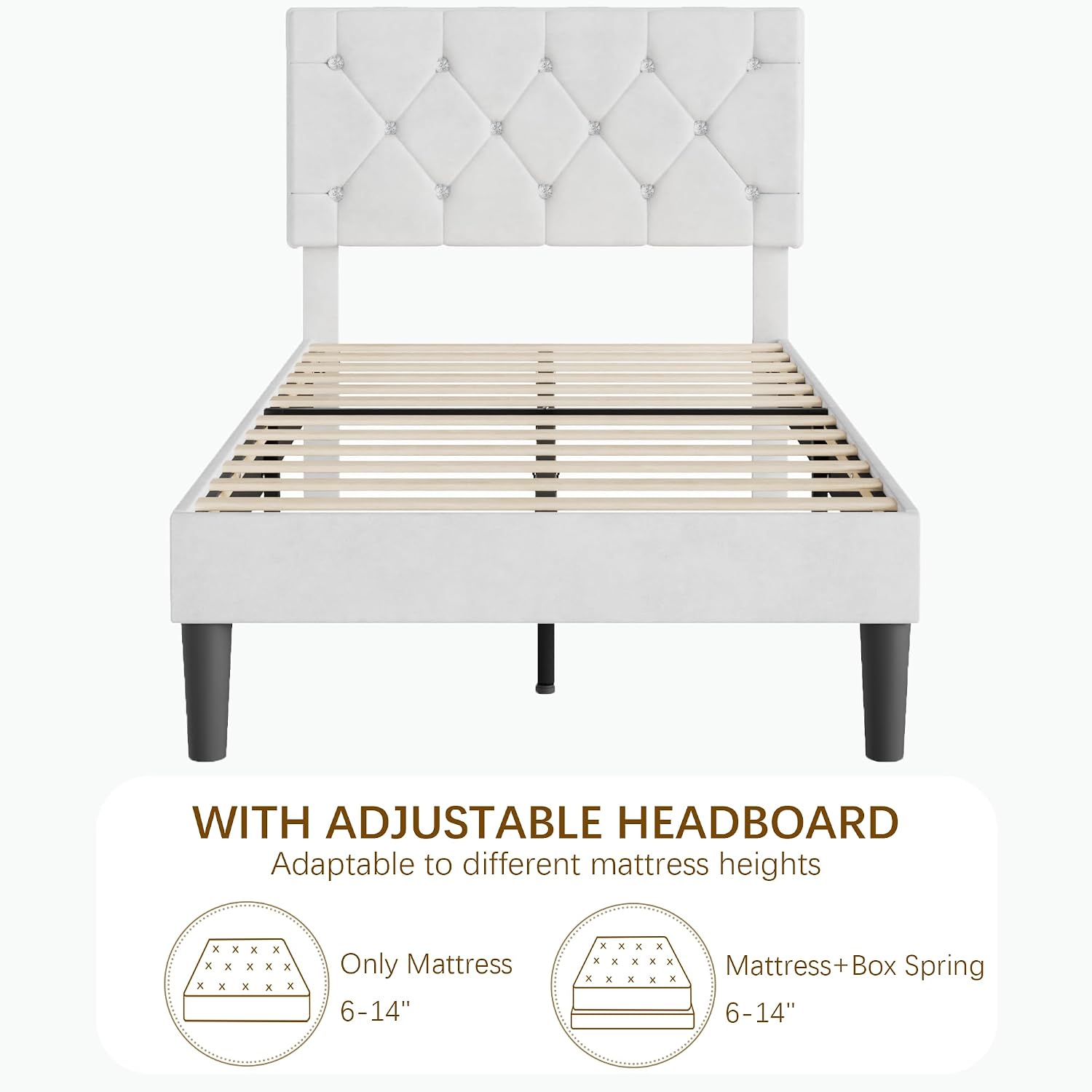 VECELO Twin Size Bed Frame with Diamond Tufted Headboard, Upholstered Platform Bedframe with Wood Slat Support, No Box Spring Needed, Velvet & White