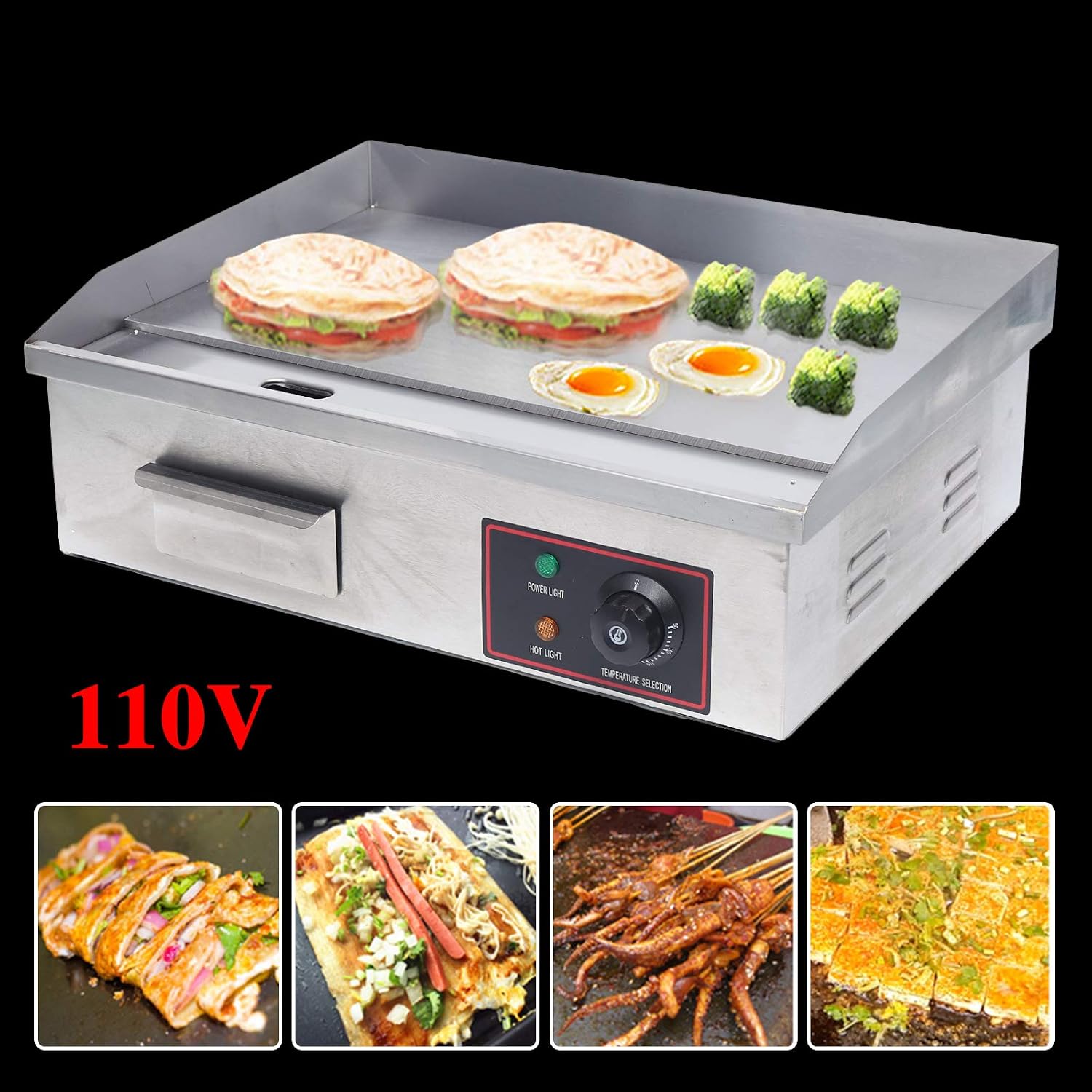 1600W Commercial Electric Griddle Flat Top Grill BBQ Restaurant Kitchen Teppanyaki Griddle, Commercial Table Top Griddle Electric Countertop Griddle Grill Hot Plate 122-572℉ Temperature Control