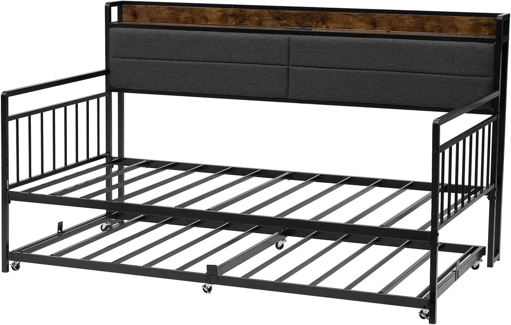 VEVOR Twin Size Daybed Frame, Day Bed with Trundle, Heavy Duty Metal Platform Bed Frame with Charging Station, Twin Daybed with Metal Slats Support for Living Room, Bedroom, Guest Room, Easy Assembly
