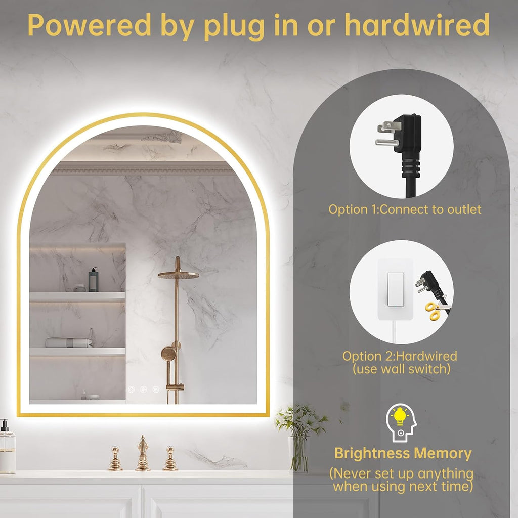 30'x36' Arched LED Mirror for Bathroom, Brushed Gold Lighted Bathroom Mirror with Lights, Fogless, Dimmable, Shatterproof, Touch Sensor, 3 Color Changing