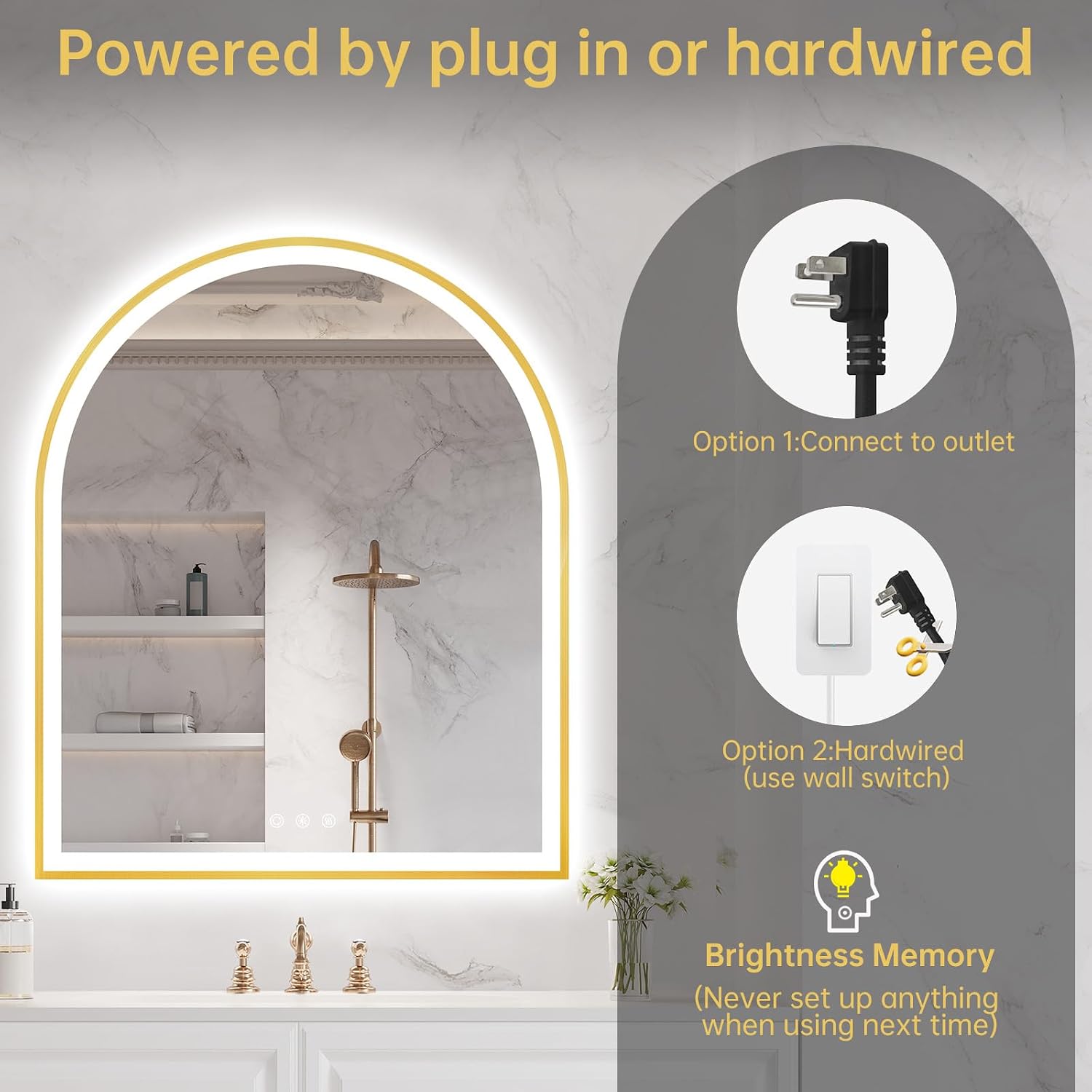30'x36' Arched LED Mirror for Bathroom, Brushed Gold Lighted Bathroom Mirror with Lights, Fogless, Dimmable, Shatterproof, Touch Sensor, 3 Color Changing