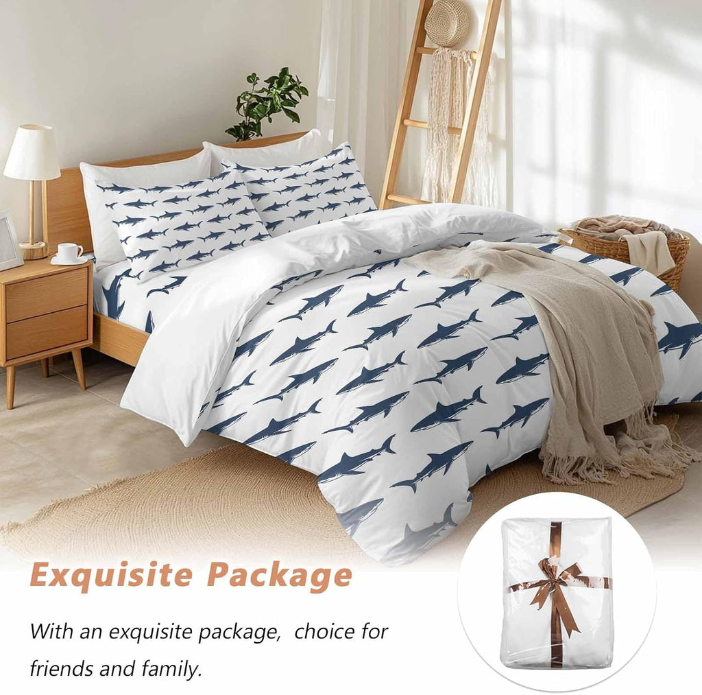 Prime Leader Abstract Sharks Duvet Cover Set Queen Size 4 Pieces Navy Blue Fish Simple Style Ocean Life Bedding Set with Zipper Closure, 1 Comforter Cover 86x86 Inches 1 Flat Sheet & 2 Pillow Cases