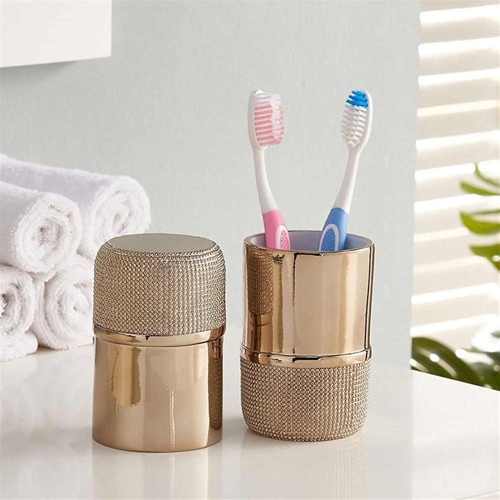 Soap Dispenser Gold Bathroom Accessories Set 6 Piece Resin Bath Accessory Sets Complete Soap Dispenser Toothbrush Holders Tumbler Soap Dish and Ceramic Tray Liquid Dispenser for Bathroom(Gold)