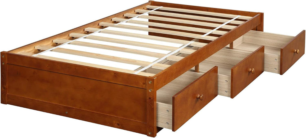 SOFTSEA Twin Size Wood Platform Bed Frame with 2 Storage Drawers, Twin Platform Bed with Slats Support, Without Headboard for Kids Guest, Save Space