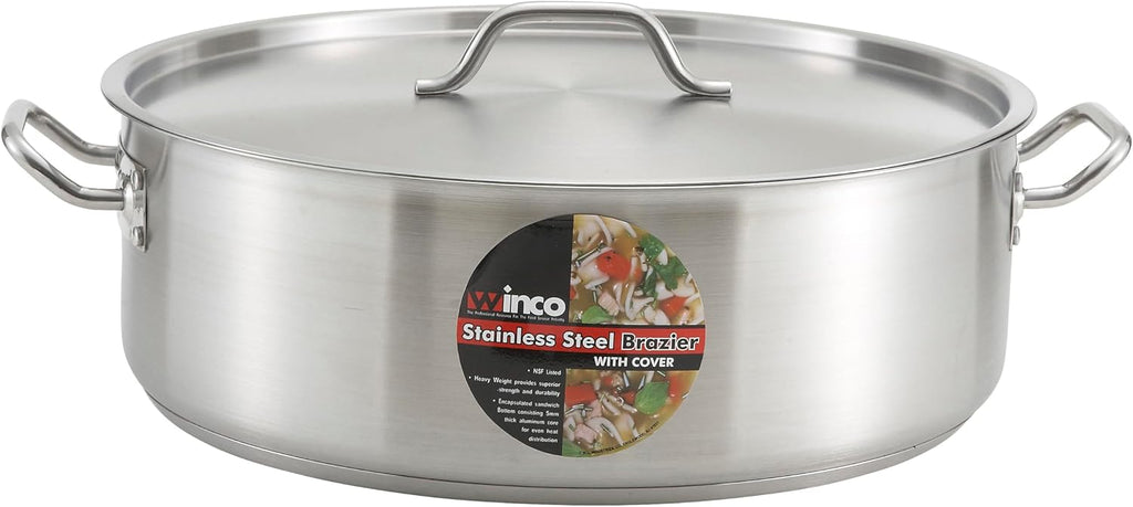 Winco Commercial-Grade Stainless Steel Brazier with Lid, 30 Quart