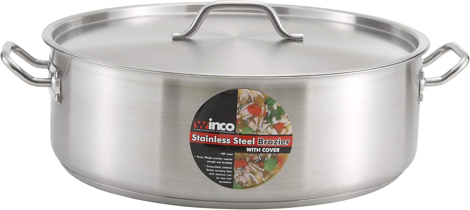 Winco Commercial-Grade Stainless Steel Brazier with Lid, 30 Quart
