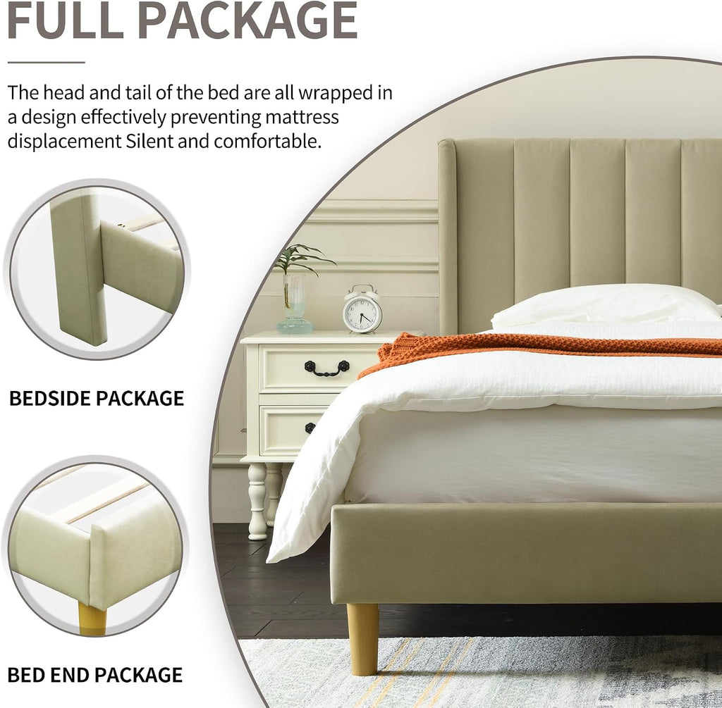 YUHUASHI upholstered Platform Bed Frame/Twin Bed Frame/Modern Geometric Double-Wing Design headboard/Linen Fabric/Easy to Assemble no Noise (Beige, Twin)