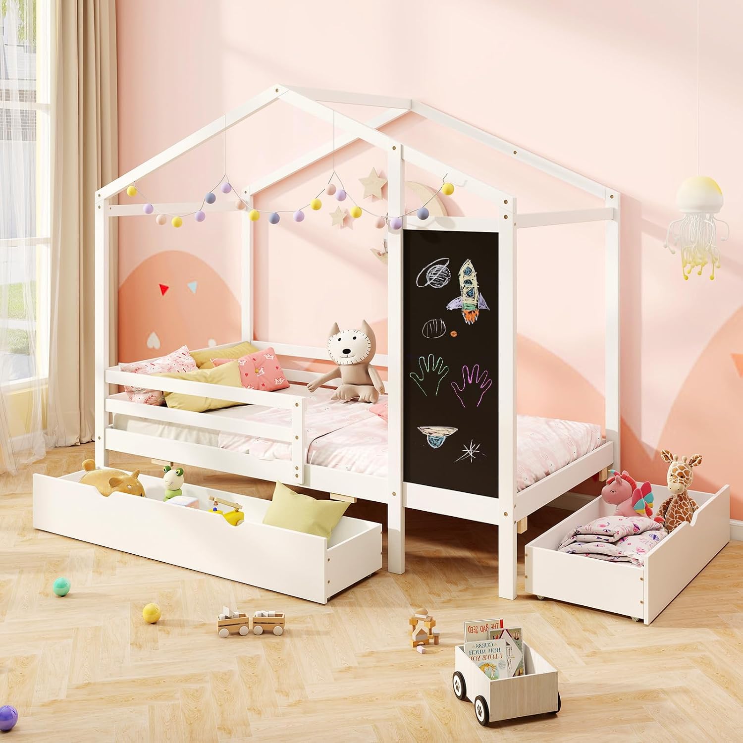 Giantex Twin Bed with 2 Storage Drawers, Solid Wood House Bed with Blackboard & Safety Guardrails, Twin House Bed w/Slats Support, No Box Spring Needed, Twin Bed Frames for Kids Girls Boys (White)