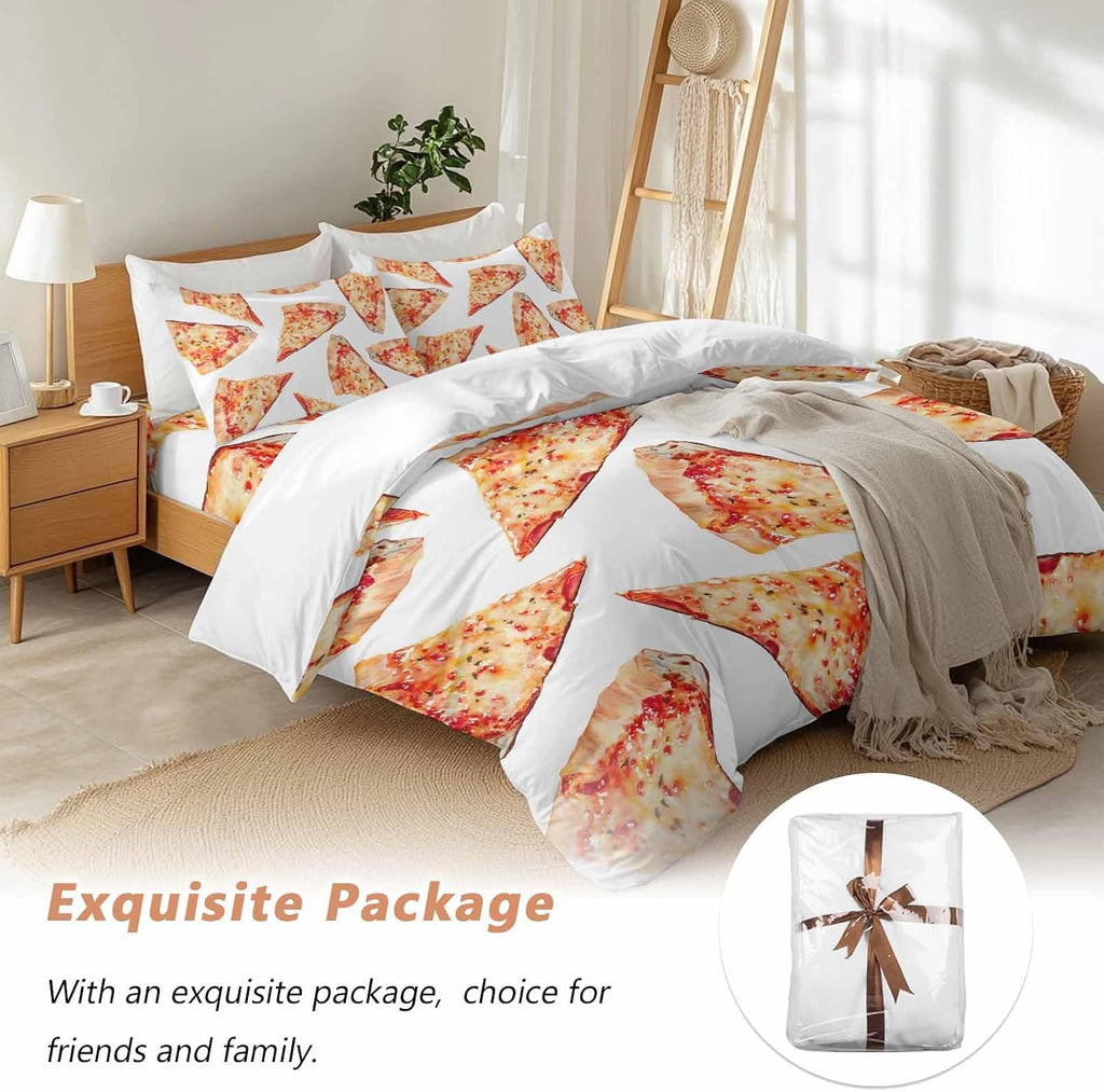 Prime Leader Realistic Food Duvet Cover Set Queen Size 4 Pieces Yummy Italy Naples Thin Crust Pizza Bedding Set with Zipper Closure, 1 Comforter Cover 92x106 Inches 1 Flat Sheet & 2 Pillow Cases
