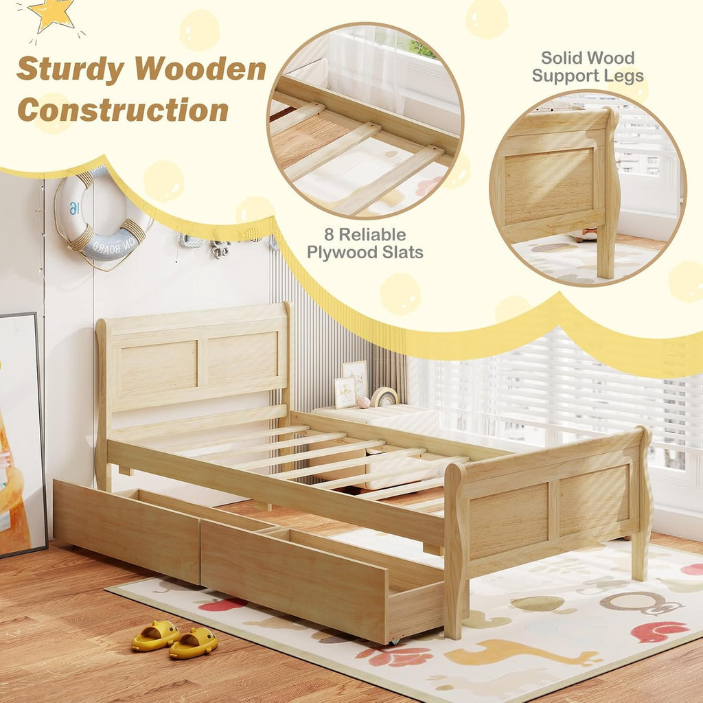 Giantex Twin Bed with 2 Storage Drawers, Wood Platform Bed with Headboard & Footboard, Wooden Slats Support Mattress Foundation, Twin Bed Frames for Kids Teens Adults, No Box Spring Needed (Natural)