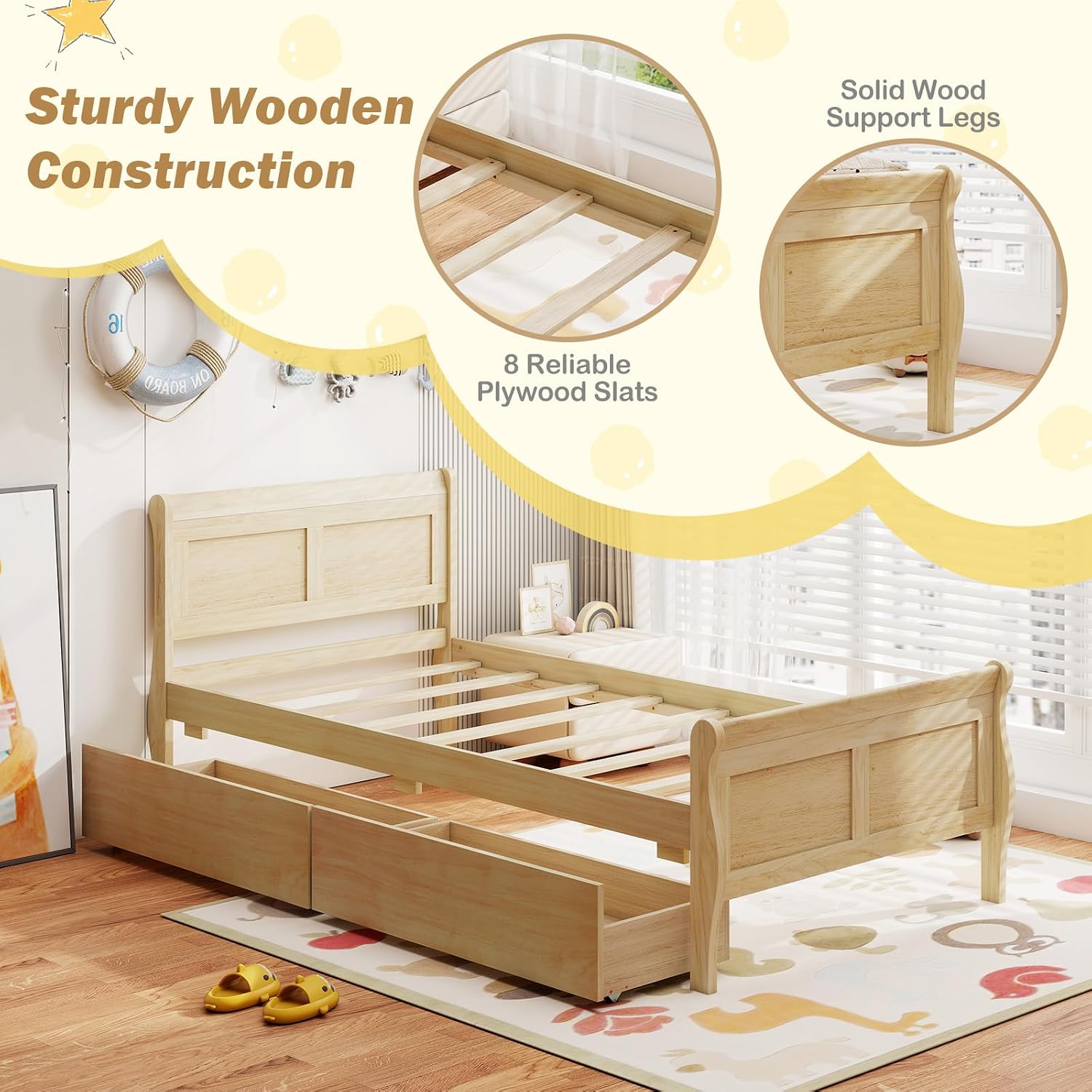 Giantex Twin Bed with 2 Storage Drawers, Wood Platform Bed with Headboard & Footboard, Wooden Slats Support Mattress Foundation, Twin Bed Frames for Kids Teens Adults, No Box Spring Needed (Natural)