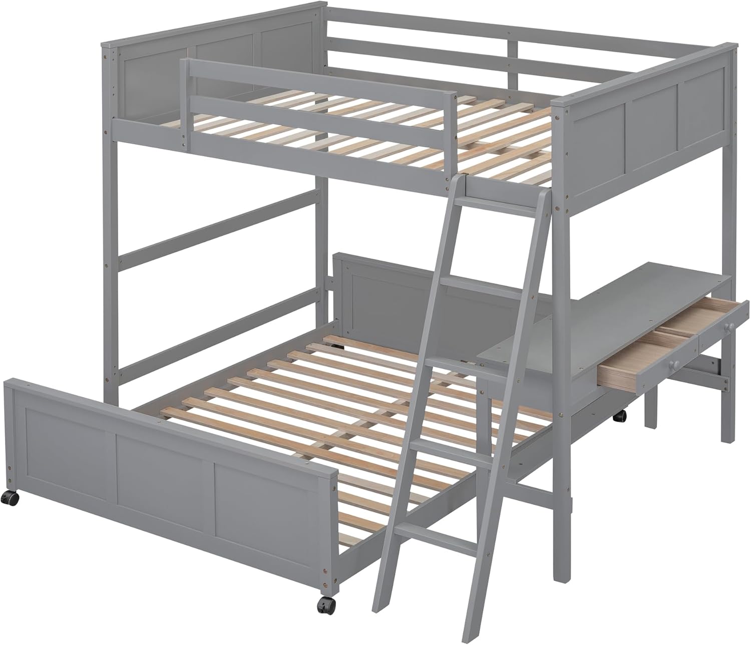 Ball & Cast Full Over Full Bunk Bed with Safty Guardrail & Stairway,Heavy Duty Wood Loft Bedframe W/Desk & Drawers,Easy Assembly,Versatile Functional Bedroom Furniture Set for Boy Girl Teens,Gray
