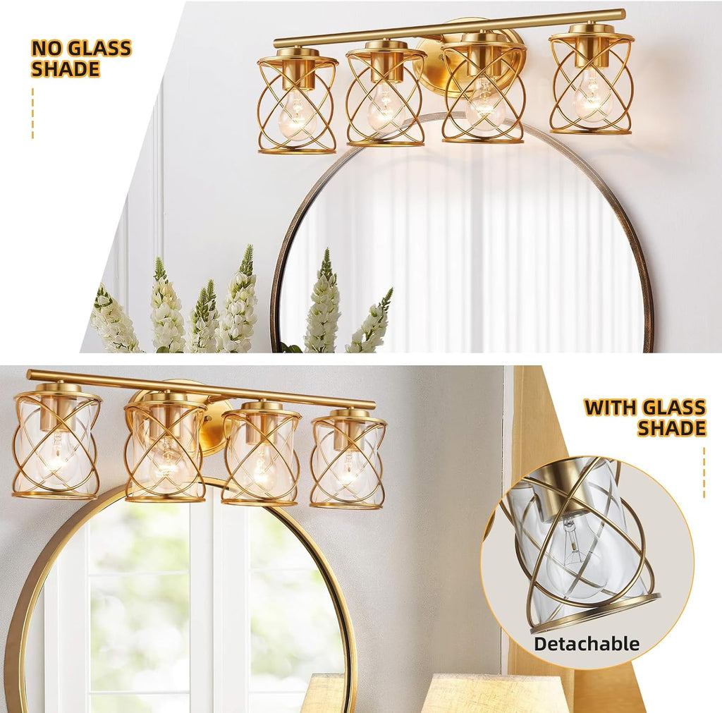 4-Lights Bathroom Light Fixtures, Brushed Gold Modern Vanity Light Over Mirror, Bathroom Wall Lamp for Mirror Kitchen Living Room Hallway Porch, Farmhouse Wall Lights with Clear Glass Cage Shade
