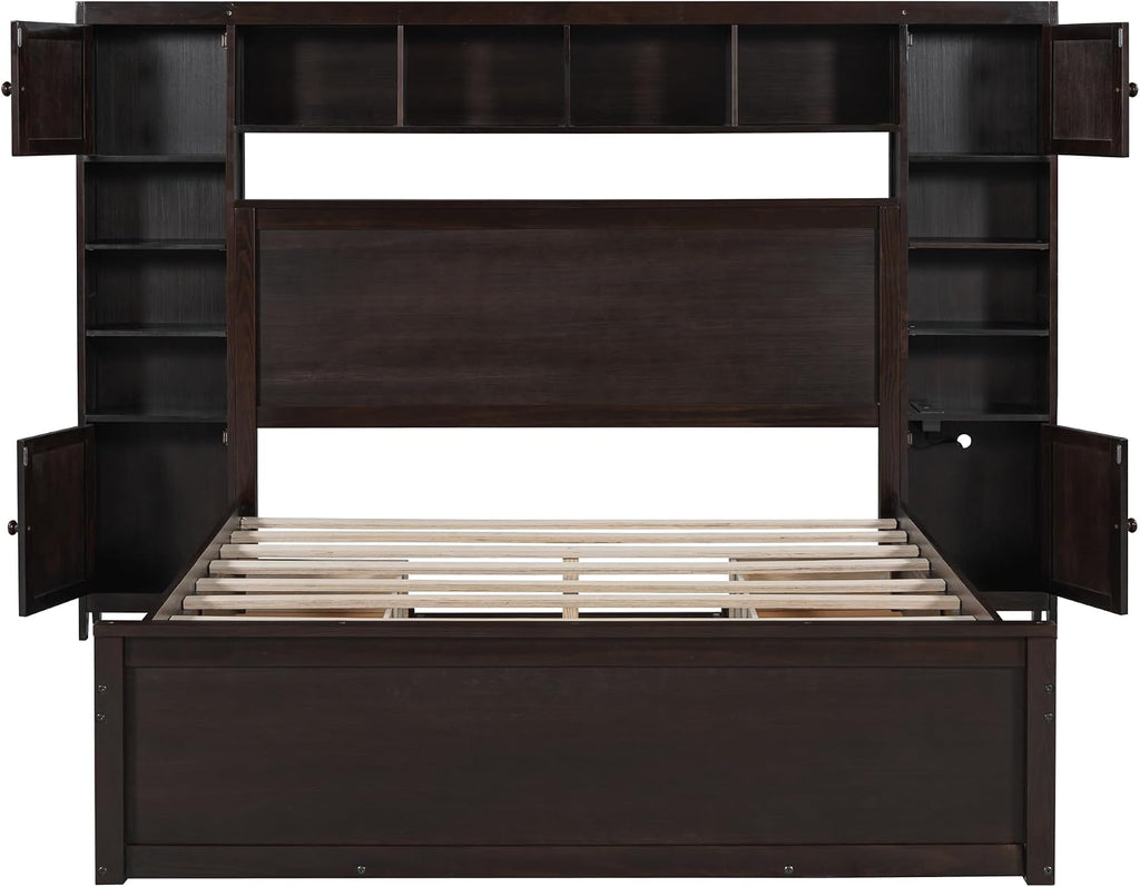 MERITLINE Queen Platform Bed with Storage Headboard,Drawers and Charging Station,Solid Wood Queen Bed Frame with Storage Cabinet and Shelves for Adults (Espresso)