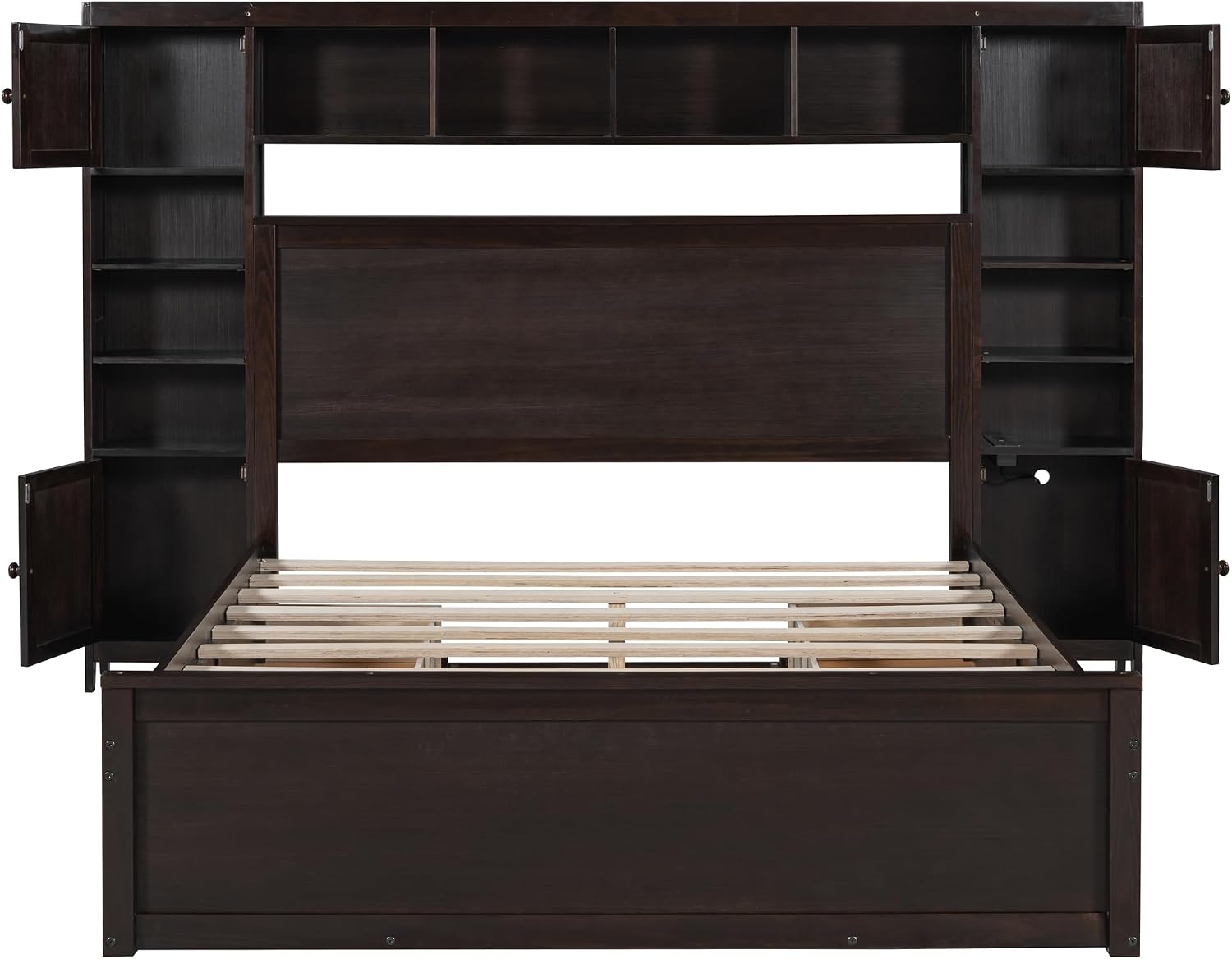 MERITLINE Queen Platform Bed with Storage Headboard,Drawers and Charging Station,Solid Wood Queen Bed Frame with Storage Cabinet and Shelves for Adults (Espresso)