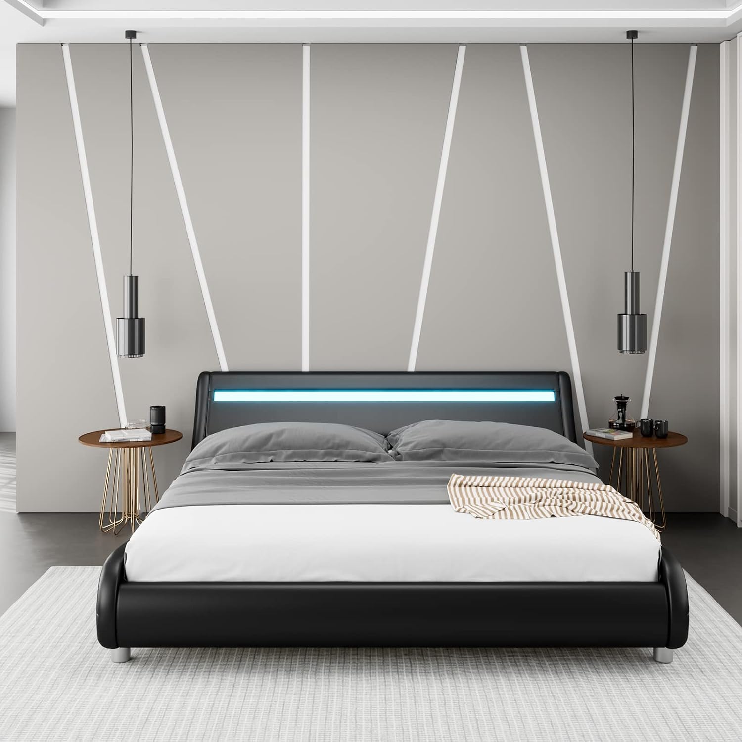 Keyluv Upholstered Full LED Bed Frame with Headboard, Modern Low Profile Platform Bed with Strong Slats Support, Faux Leather Wave-Like Bed Frame, Easy Assembly, No Box Spring Needed, Black