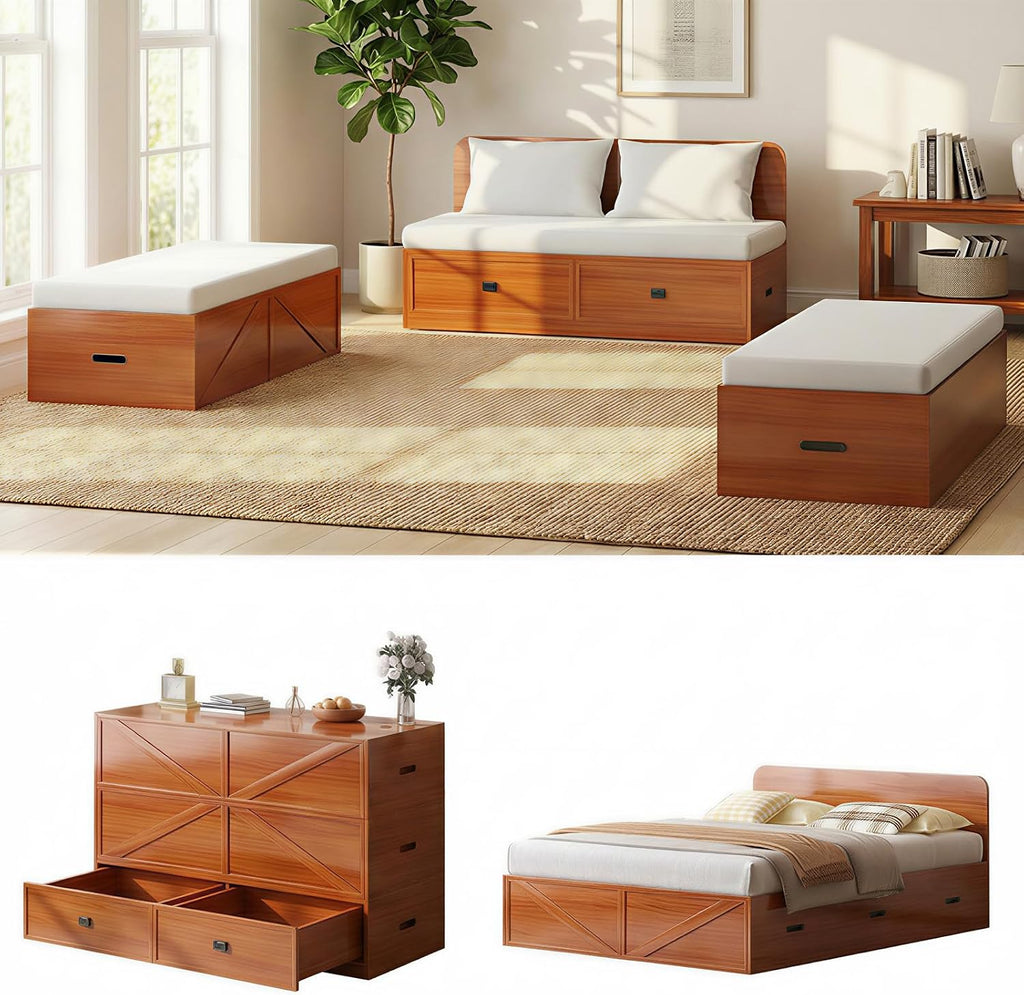 CECER Murphy Bed Queen with Mattress Include，Murphy Bed Queen with Storage Drawers，Multi-Functional Desgin that Converts to Sofa Set for Small Spaces/Guest Room/Bedroom（Maroon）