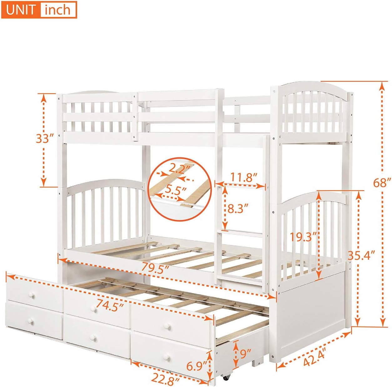 Harper & Bright Designs Twin Over Twin Bunk Bed with Trundle and Storage, Solid Wood Bunk Bed Frame with 3 Drawers for Kids, Teens, Adults (White)