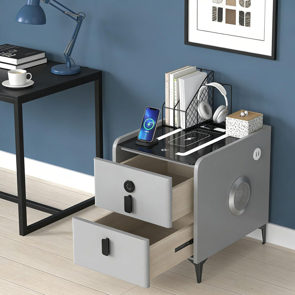 Night Stand Set 2, Grey Nightstand with Charging Station & Hutch, Night Stands for Bedrooms Set of 2, Bedside Table with Drawers and Bluetooth Speaker