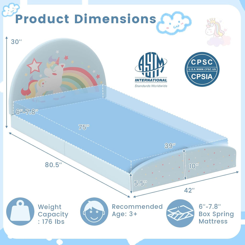 Costzon Twin Floor Bed Frame, Upholstered Kids Bed with 210D Oxford Cloth Floor Mat, Middle Support Slat & Padded Boards, Montessori Floor Bed for 3+ Kids (Blue Rainbow)