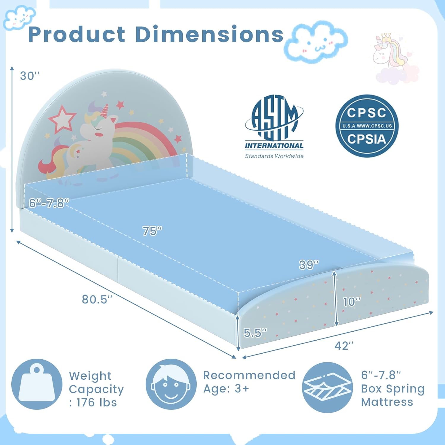 Costzon Twin Floor Bed Frame, Upholstered Kids Bed with 210D Oxford Cloth Floor Mat, Middle Support Slat & Padded Boards, Montessori Floor Bed for 3+ Kids (Blue Rainbow)