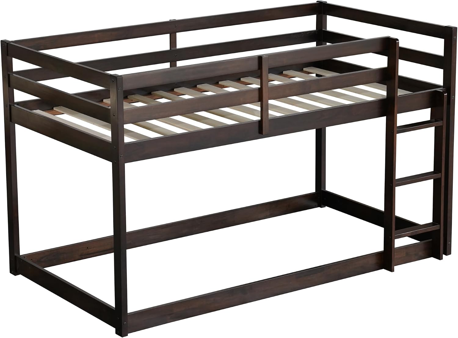 Bunk Bed Twin Over Twin, Floor Bunk Bed w Ladder, Safety Guard Rails, Heavy Duty Wooden Twin Bunk Beds Low Bunkbeds No Box Spring Required, Espresso