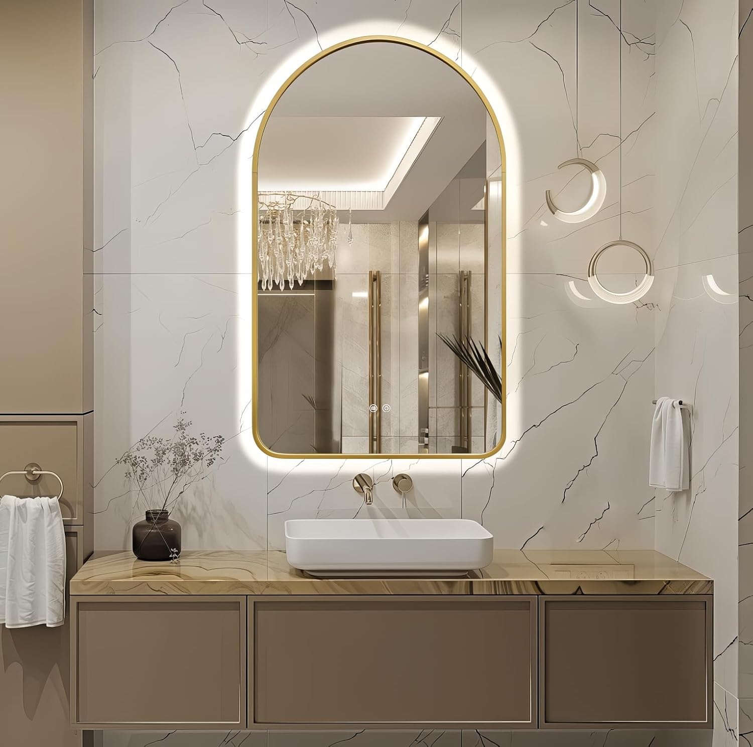 Arched LED Bathroom Mirror, 40'x24' Arch Backlit Mirror with Light Vanity Mirror for Wall Gold Frame, Anti-Fog, 3 Colors, Dimmable, Adjustable Brightness, Memory Function, IP65 Waterproof, Vertical
