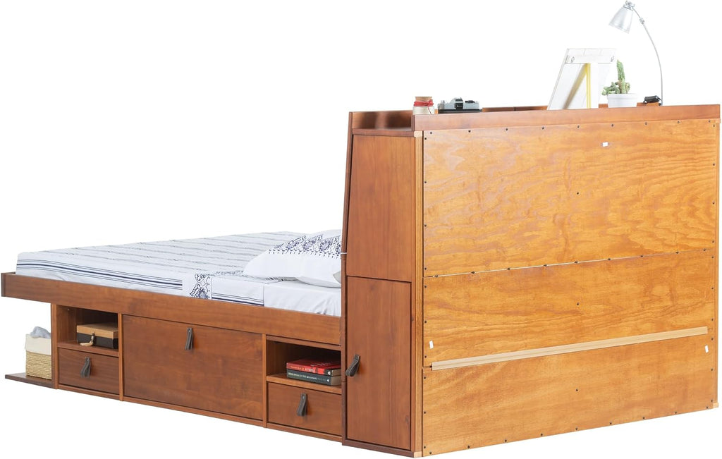 memomad Bali Set: Storage Platform Bed with Drawers + Bookcase Headboard (Full Size, Caramel Brown Wood)
