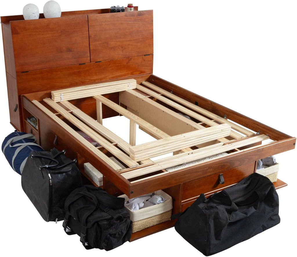 memomad Bali Set: Storage Platform Bed with Drawers + Bookcase Headboard (Full Size, Caramel Brown Wood)
