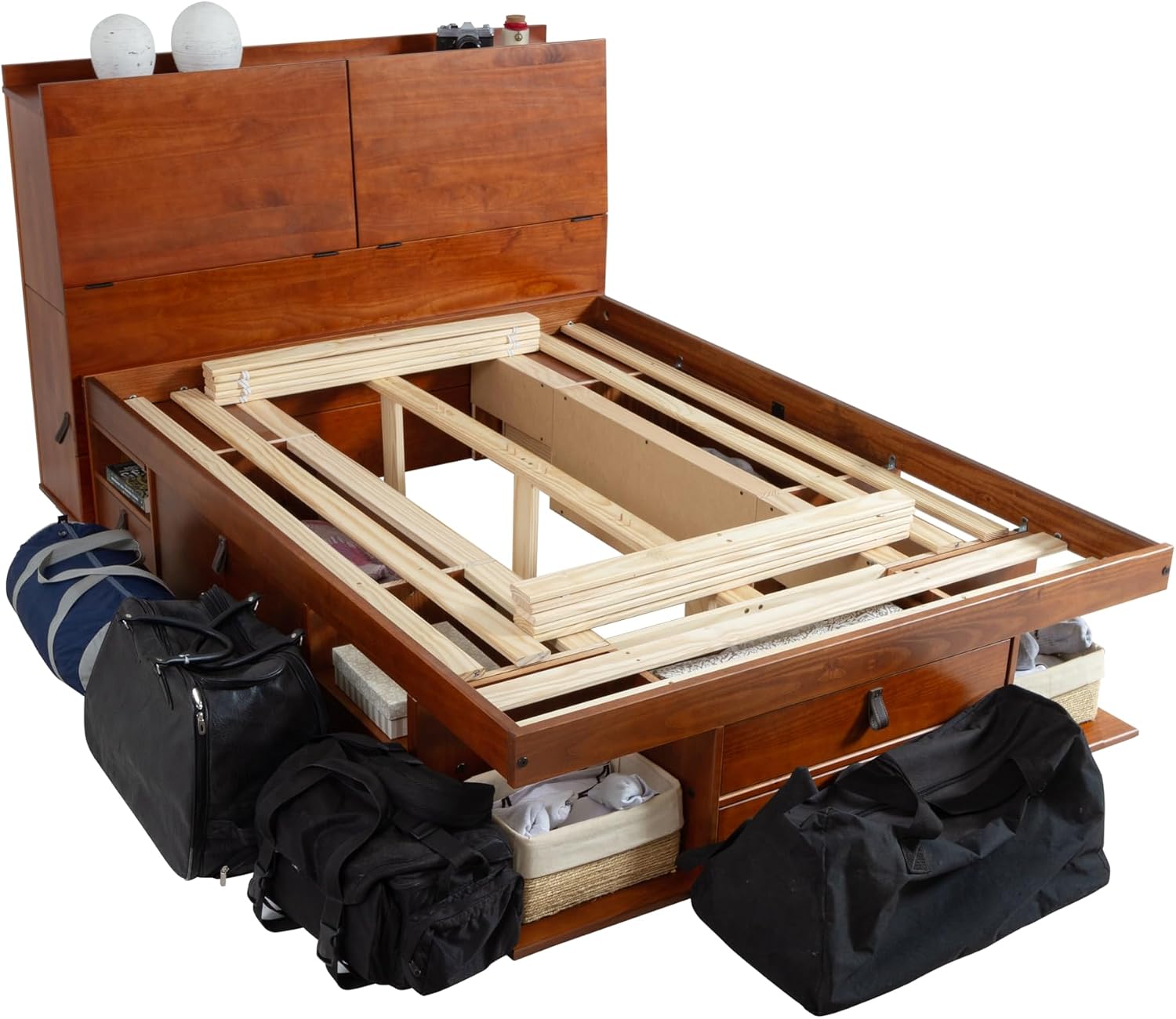 memomad Bali Set: Storage Platform Bed with Drawers + Bookcase Headboard (Full Size, Caramel Brown Wood)