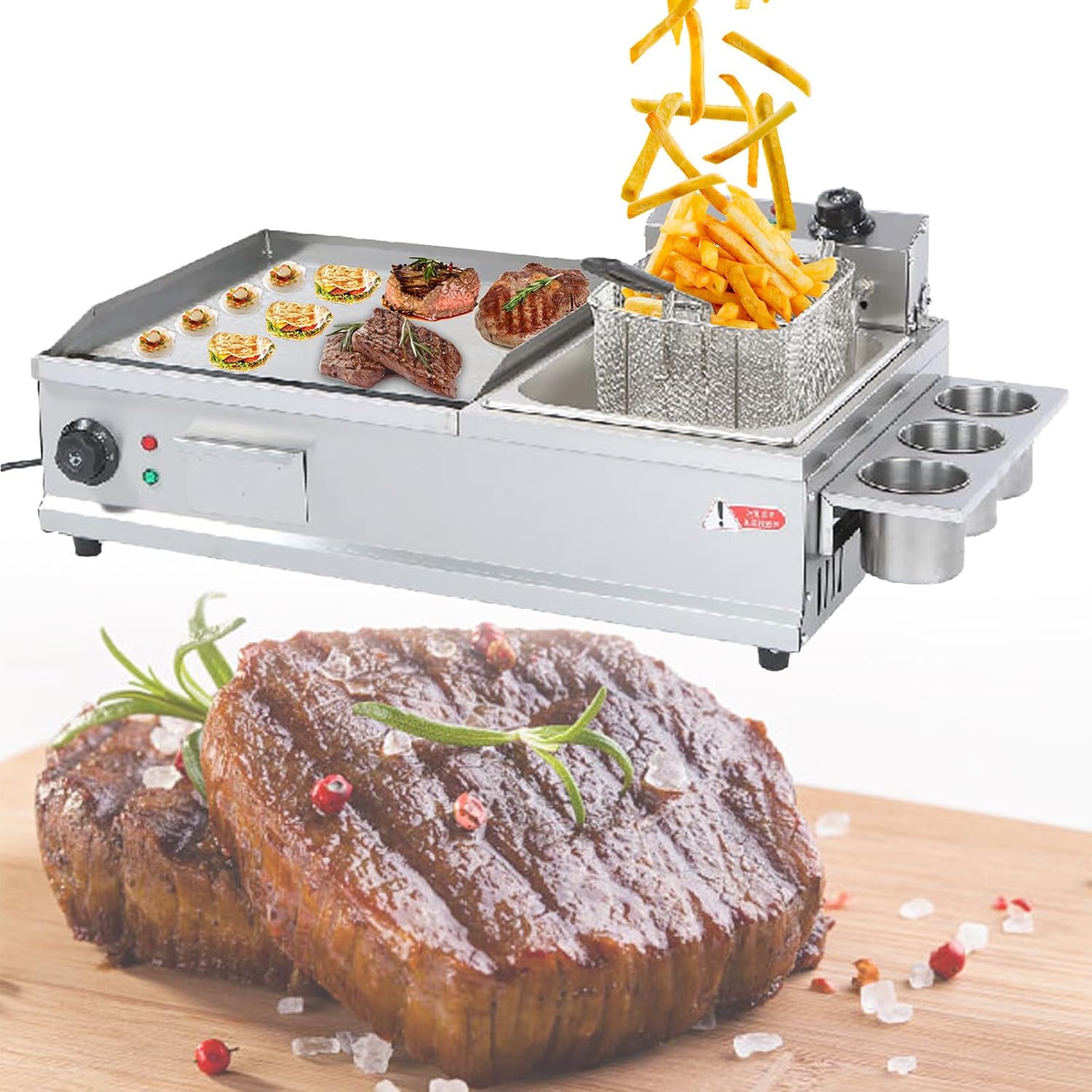 Electric Griddles Non Stick with Fryer, Commercial Flat Top Grill Breakfast Griddle for Indoor Catering,Large